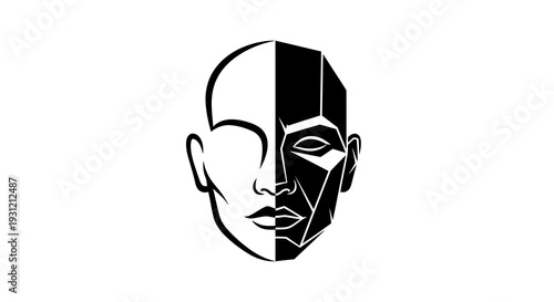 Striking dual-tone graphic of a human face, split between organic curves and sharp geometric planes, symbolizing duality, complexity, or the mind.