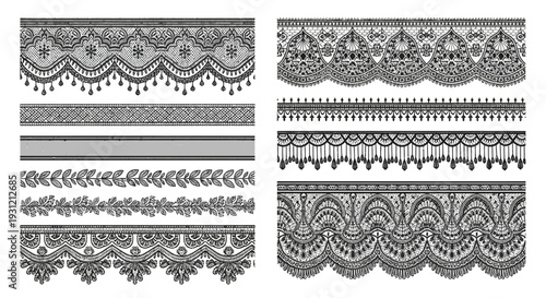Collection of ornate black lace borders and decorative ribbon patterns on white