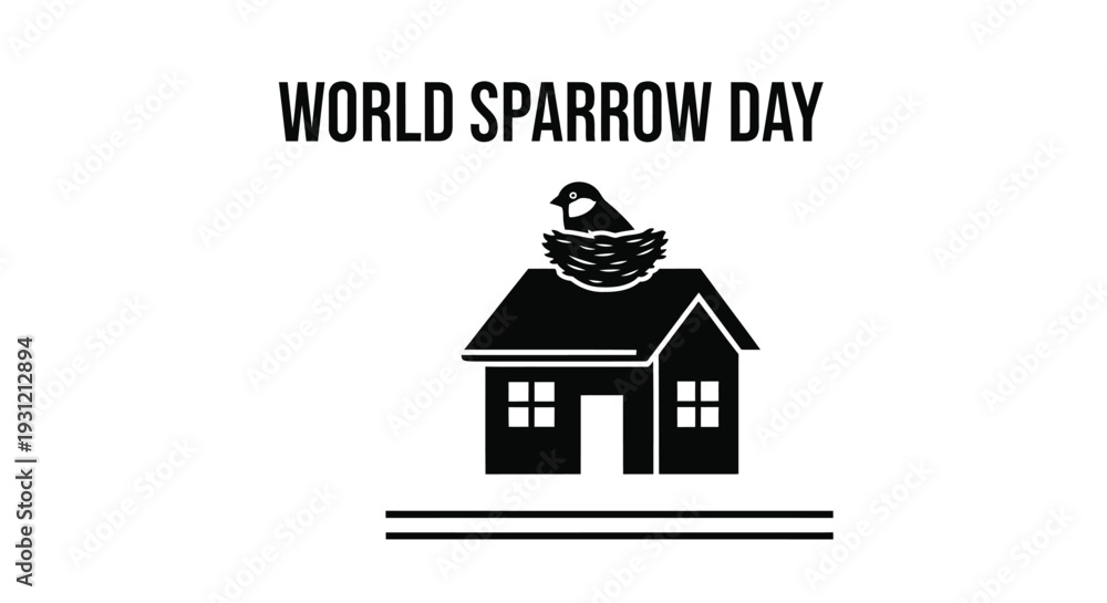 Fototapeta premium Simple black and white vector graphic design illustrating world sparrow day with a bird nesting atop a home structure