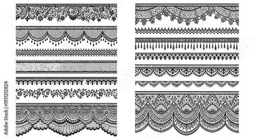 Collection of ornate black lace borders and decorative fabric trim designs