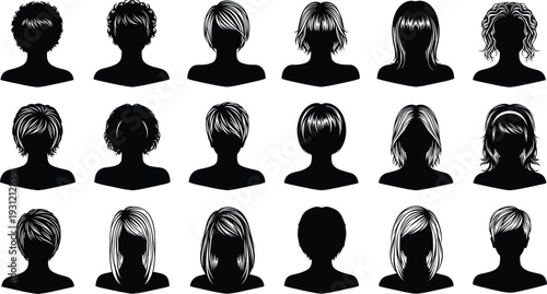 Silhouette illustration of diverse human head hairstyles, front view profiles, curly straight wavy styles, black vector artwork fashion design concept