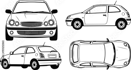 Compact car technical illustration showing multiple views, front, side, and top perspectives, automotive design vector drawing for educational and creative use