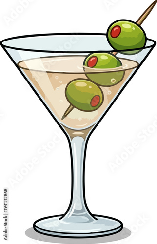 Classic Dirty Martini Cocktail Cartoon Vector with Three Green Olives Pimento Toothpick Garnish in Elegant Glass