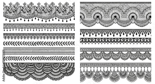 Collection of ornate black and white lace borders and patterns on a white background