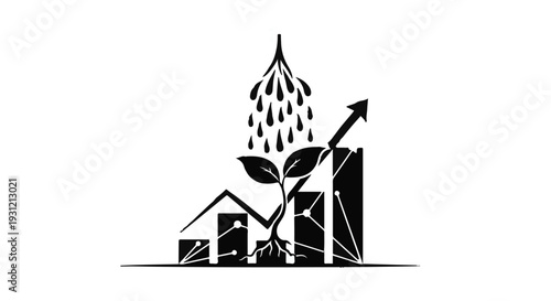 Growing business graph with water droplets and upward arrow symbolizing growth and investment