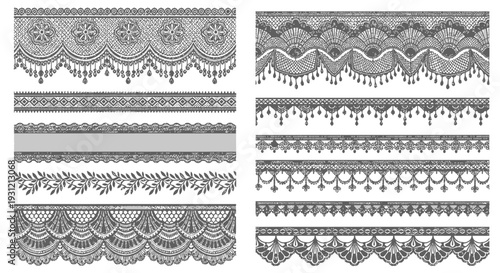 Collection of ornate black and white lace borders and decorative patterns