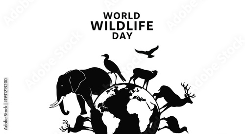 World Wildlife Day vector illustration showcasing diverse animal species, including an elephant, deer, and birds, united on a stylized globe, highlighting global biodiversity conservation awareness.