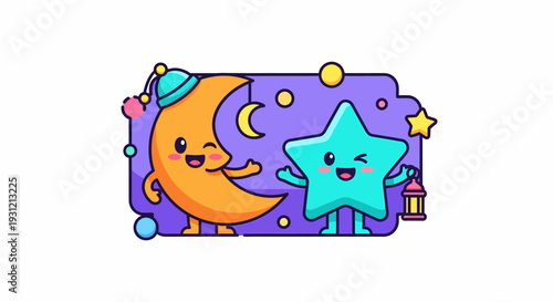 Charming Cartoon Moon and Star Characters Joyfully Waving, Illuminating a Whimsical Night with a Lantern, Creating a Magical and Friendly Scene