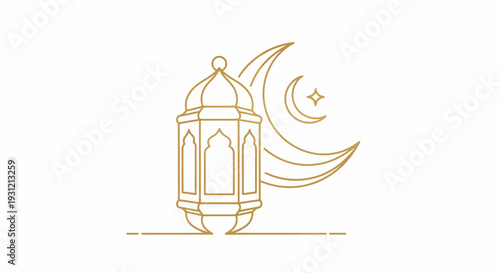 Elegant gold line art icon featuring a traditional Islamic lantern and a crescent moon with a star, symbolizing spiritual observances and festive celebrations of culture
