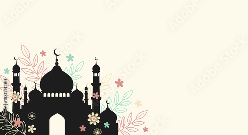 Elegant vector illustration featuring a beautiful mosque silhouette adorned with delicate pastel floral patterns, perfect for creating cultural and festive backgrounds or greeting card designs