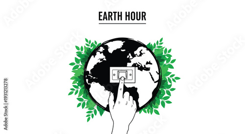 An earth hour concept illustration with globe and hand switching off light for energy saving awareness