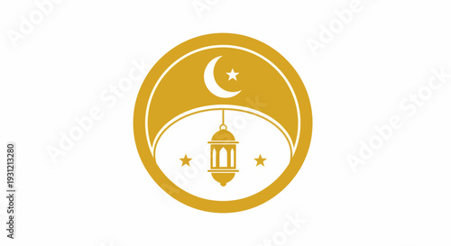 Elegant golden emblem featuring a crescent moon, a radiant star, and a traditional hanging lantern, symbolizing Islamic culture and spiritual celebrations
