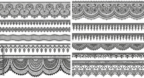 Collection of ornate black lace borders and patterns on a white background