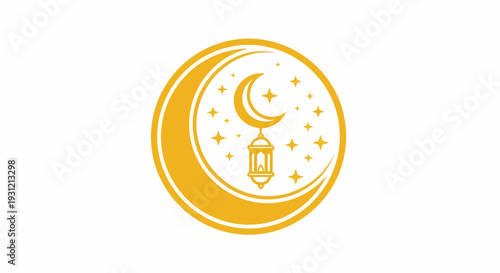 Golden crescent moon and lantern with stars, a beautiful and serene symbol of spiritual reflection, celebration, and Islamic tradition, perfect for festive designs