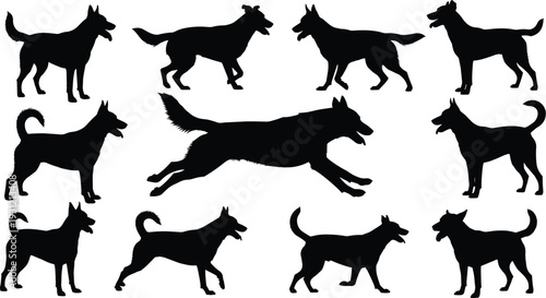   
Silhouette illustration of dogs in various poses, leaping canine centerpiece, standing and walking profiles, black vector artwork, pet animal design