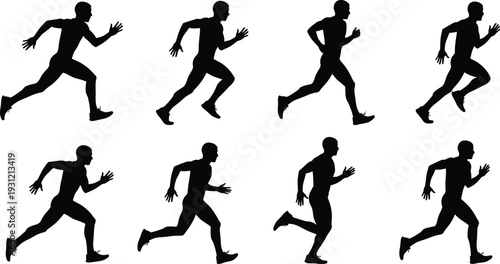 Silhouette illustration of human running sequence, dynamic athletic motion phases, sports biomechanics study, black vector artwork for movement design