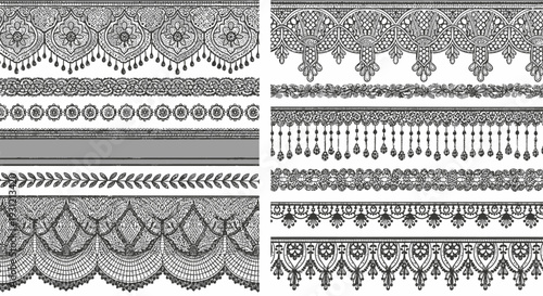 Intricate black lace patterns and borders arranged in a grid format