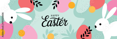 Happy Easter horizontal banner with cute white bunnies colorful eggs and abstract floral leaves in a modern flat vector style