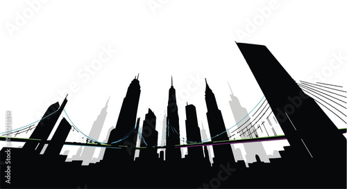 Dramatic silhouette of towering skyscrapers and a bridge against a bright sky