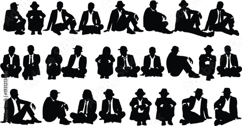 Silhouette illustration of seated human figures in varied postures, formal attire with hats, vintage style black vector artwork design concept