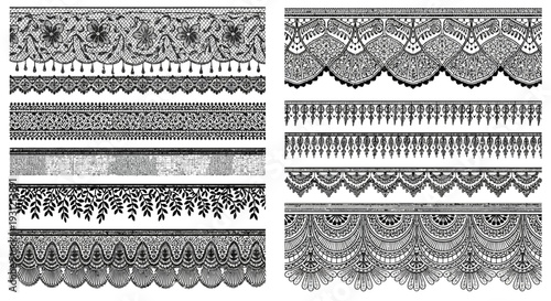 Collection of ornate black lace borders and trim patterns displayed vertically