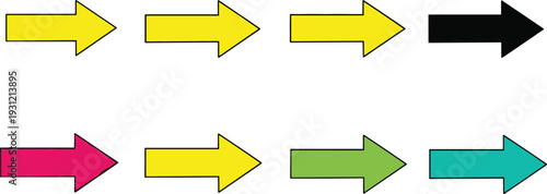 Colorful Directional Arrow Icon Set with Bold Right Pointing Navigation Symbols in Flat Vector Style