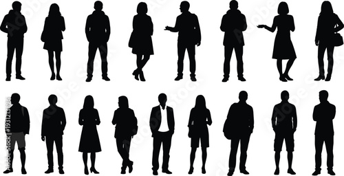 Silhouette illustration of sixteen diverse individuals standing in varied poses, male and female figures, casual and formal attire design