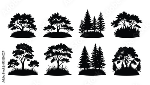A collection of tree silhouettes in black isolated on white background, Vector