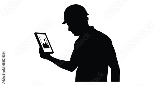 A silhouette of a man looking at a tablet isolated on white background, Vector