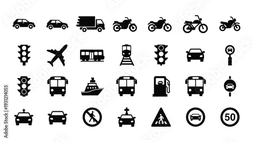 A collection of transportation and traffic related icons isolated on white background, Vector