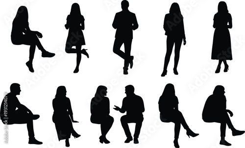 Silhouette illustration of standing and seated human figures, diverse postures and gestures, black vector artwork, body language design concept
