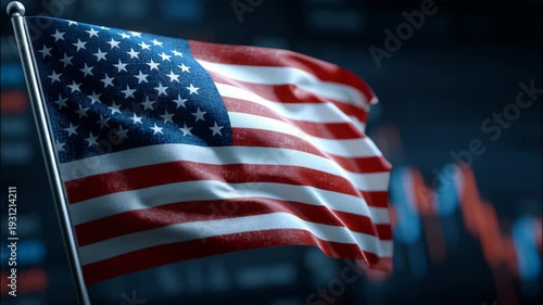 American flag waving in front of stock market data background  