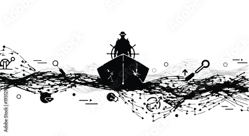 Silhouette of a ship navigating through a dark, abstract digital sea with connections and symbols.