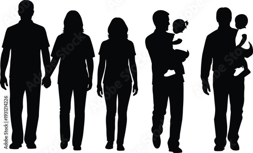 Family silhouettes illustration, parents with children, couple holding hands, social group figures, community design, vector people icons