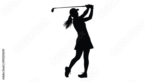 A woman swinging a golf club isolated on white background, Vector