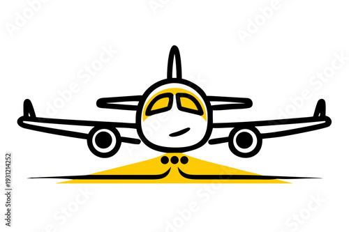 Striking black and white silhouette of an airplane approaching an airport runway, front view, minimalist aviation travel artwork.
