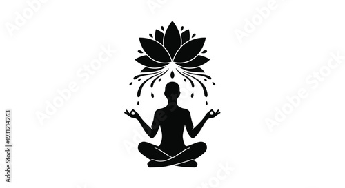 Silhouette of person meditating with a lotus flower blooming above, symbolizing inner peace and mindfulness.