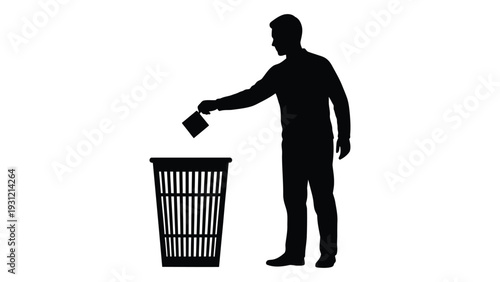 Man throwing paper into trash can isolated on white background, Vector
