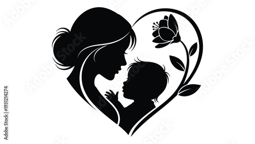 A mother and child in a heart shaped frame isolated on white background, Vector