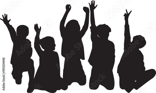 Print Silhouettes of happy children jumping up in the air together