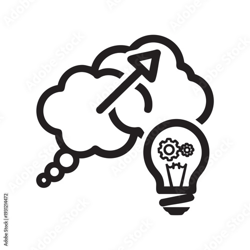 A black and white image of a lightbulb and a thought bubble with a rocket