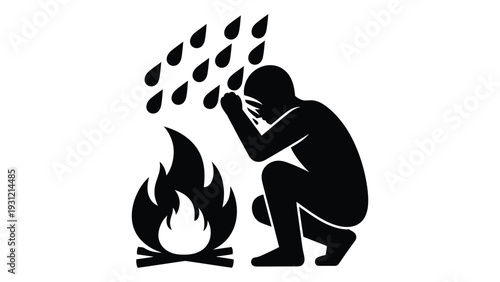 A person crouches by a campfire on a rainy day isolated on white background, Vector