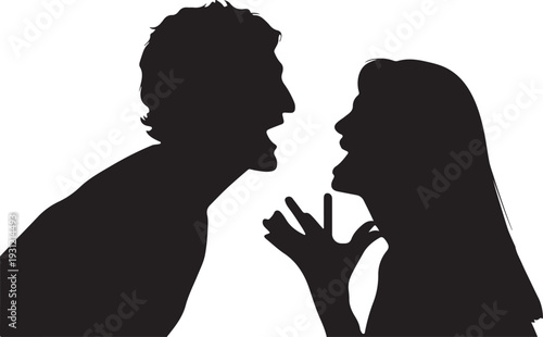 Print Couple arguing in silhouette, man and woman facing each other angrily
