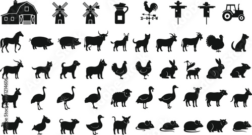 Farm silhouettes collection, barn tractor windmill, animals livestock icons, rooster weather vane, abstract vector illustration, black design elements agriculture