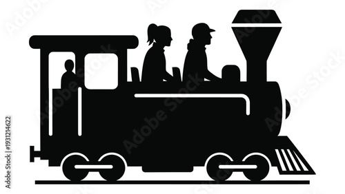 A black silhouette of a train with people on it isolated on white background, Vector