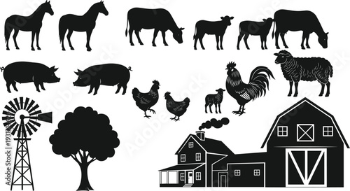 Farm animals and structures silhouettes vector illustration, rural agriculture icons, livestock and poultry design graphic, countryside artwork, barnyard scene art