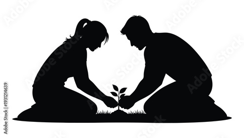 A couple planting a sapling together isolated on white background, Vector