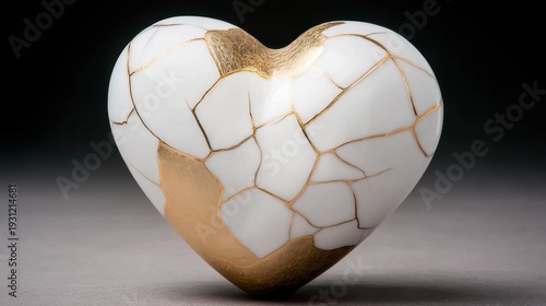 Upcycled porcelain heart decorated with golden kintsugi cracks, a beautiful metaphor for mending and transformation, suitable for jewelry design, art prints, or logos.