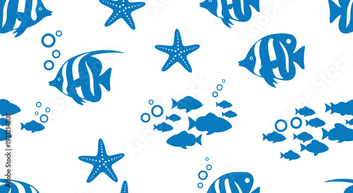 Blue marine fish and starfish seamless vector pattern for summer ocean backgrounds