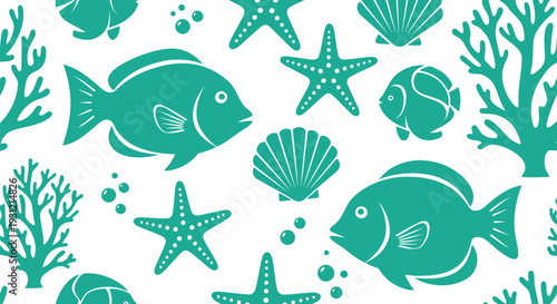 Seamless Underwater Marine Life Vector Pattern with Fish, Starfish, Coral and Shells